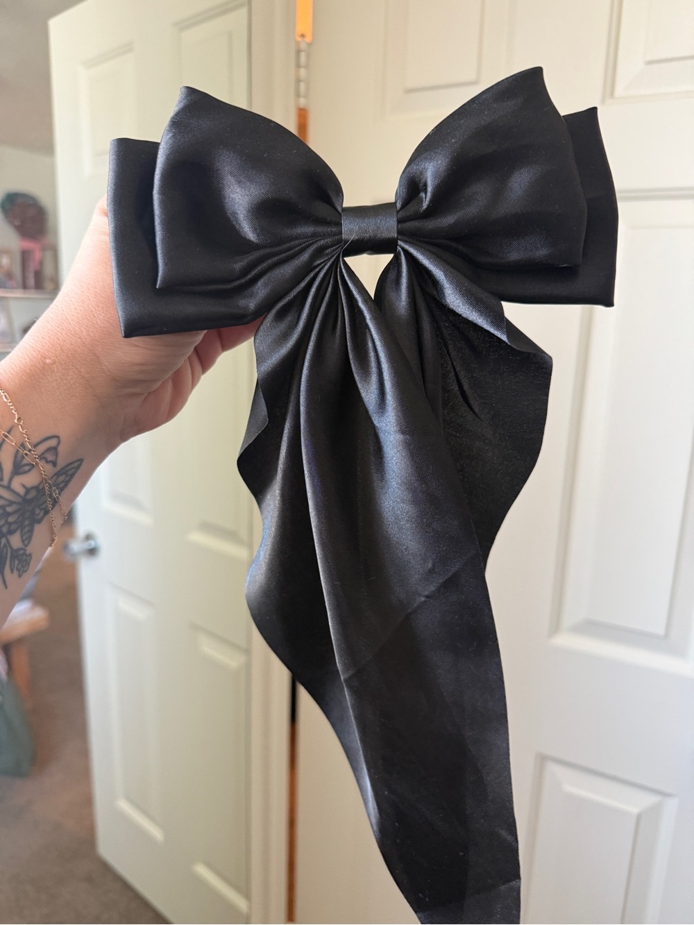 Large Black Satin Hair Bow with Long Tails